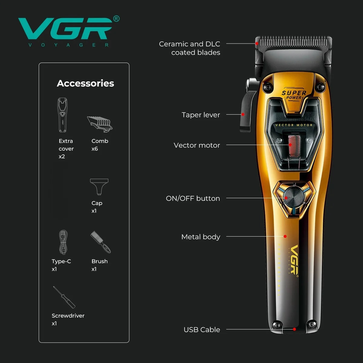 VGR Clipper Professional Hair Cutting Machine Vector Motor 11000 RPM Hair Trimmer Cordless Barber Metal Clipper for Men V-668